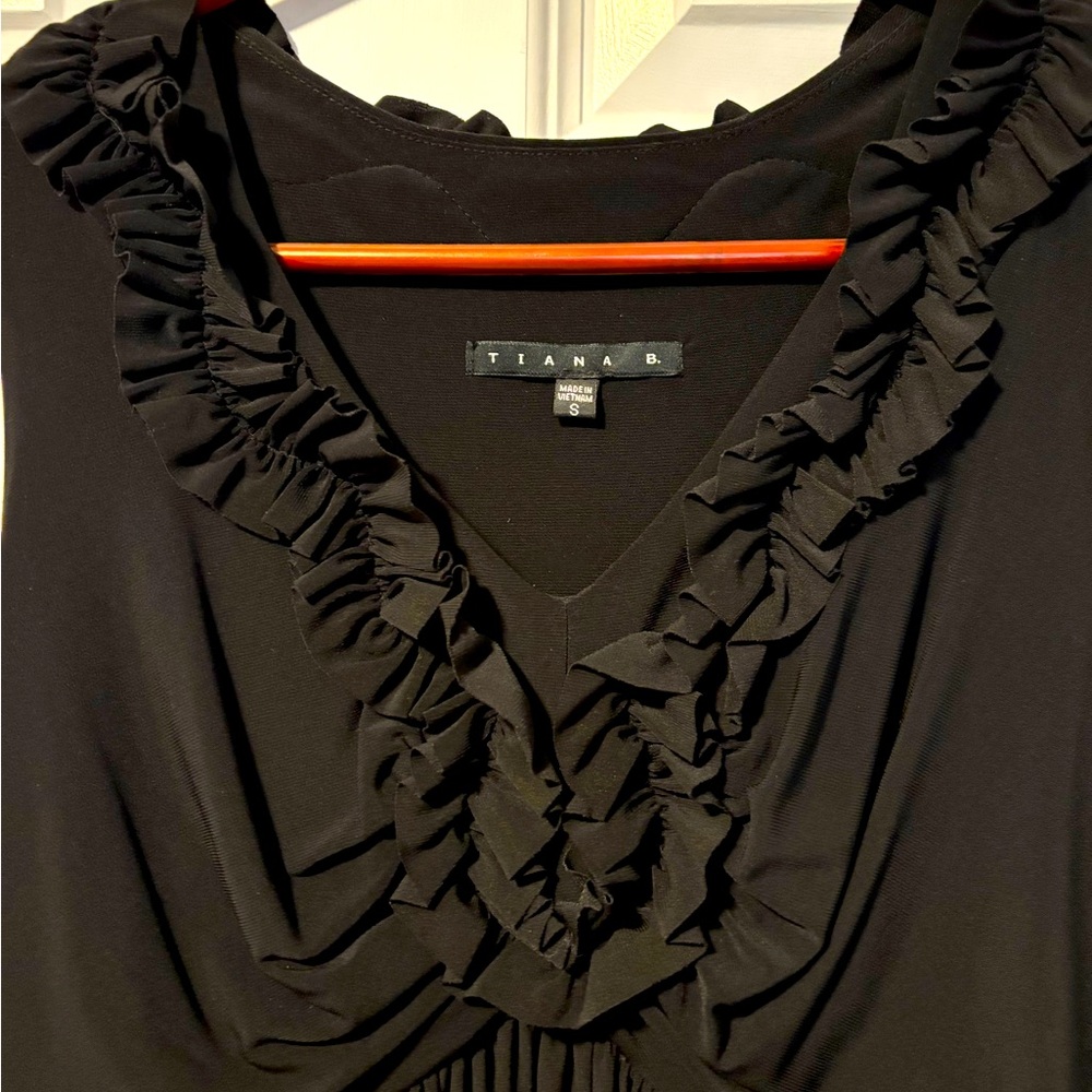 Black jersey knit ruffle neck dresss